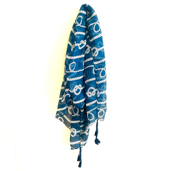 Nautical Blue and White Scarf/Beach Coverup with Tassels - Picture 4 of 10